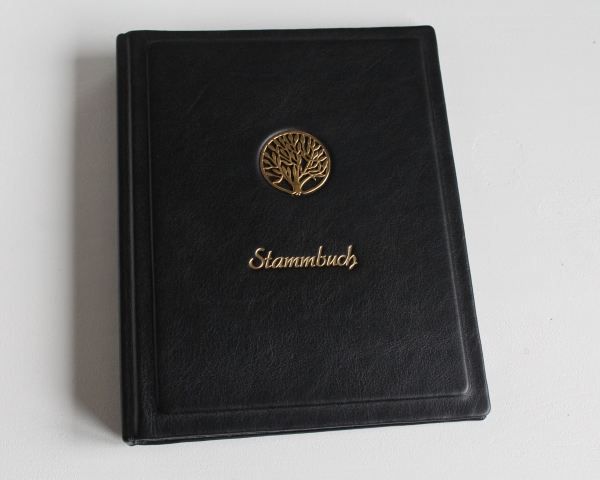 Stammbuch "Lebensbaum" aus Nappaleder, schwarz mit Goldschrift, DIN A5